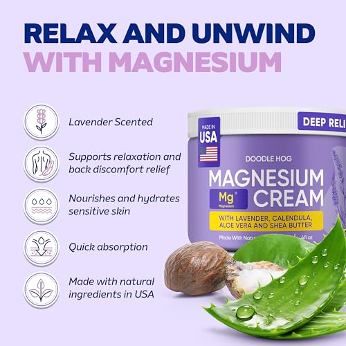 DOODLE HOG Magnesium Cream for Pain, Deep Relief for Muscles & Joints with Calendula, Aloe Vera and Shea Butter, Topical Magnesium Lotion for Sleep, Safe for Kids (4 oz, Lavender)