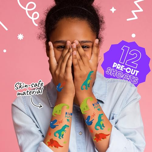 Big Dot of Happiness Roar Dinosaur Temporary Tattoos for Kids, Birthday Party Favors, Kids Tattoo Favor Kit, T-Rex Party Decorations, Boy Dino Party Supplies, 12 Sheets