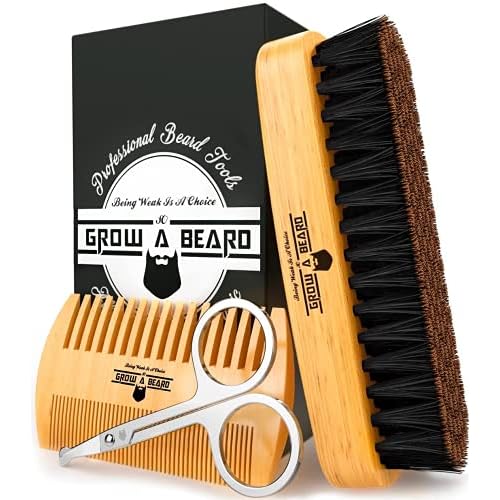 Beard Brush for Men with Beard & Mustache Comb Set, Beard Grooming & Care Kit, Natural Boar Bristle Brush, Dual Action Wood Comb, Grooming Scissors, and Travel Bag, Great Fathers Day, Dad & Men Gifts