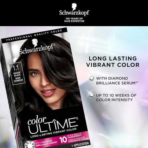 Schwarzkopf Color Ultime 1.1 Raven Black Hair Dye, Permanent Intense Black with Diamond Brilliance, Fade-Resistant, Covers Grays, All Hair Textures
