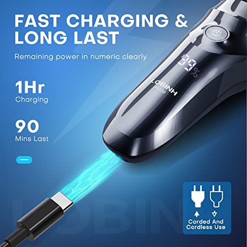 Electric Razor for Men, 3D Rechargeable Waterproof IPX7 Electric Shaver for Men Wet & Dry, Cordless Rotary Razor with Beard Pop-up Trimmer, 1 Hour Fast Charging, 4D Floating Head