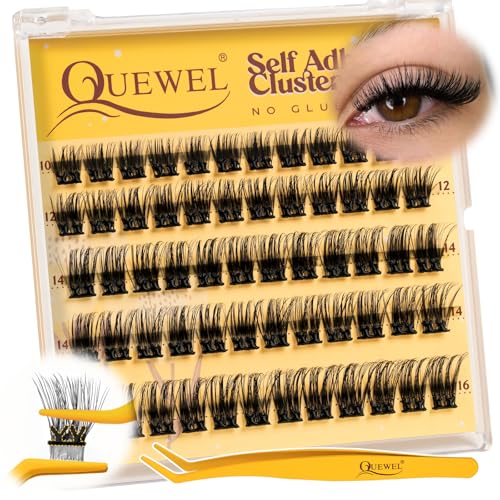 QUEWEL Self Adhesive Lash Clusters Kit, Pre Glued Eyelashes Clusters, 10-16MM Strong Hold Self Adhesive Eyelashes,D Curl Press On Lashes No Glue Needed DIY Lash Extensions Kit at Home(MJ04)
