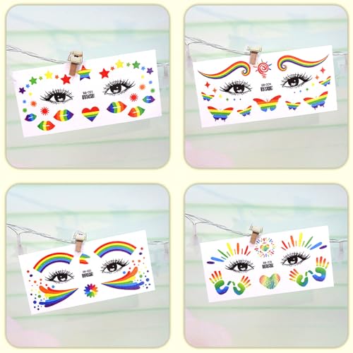 Pride Day Face Stickers - Colorful Rainbow Glitter Tattoo Stickers for Kids & Adults - Waterproof & Temporary Body Decals for Pride Parade, LGBTQ+ Events, and Festivals
