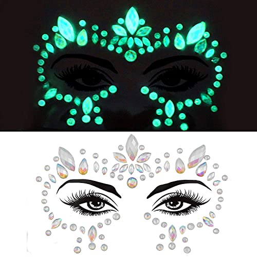 2 Pack Halloween Glow in the Dark Face Jewels Crystal Glitter Stickers, Luminous Tattoo Day of the Dead Gems Jewels Tattoos