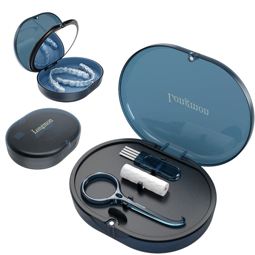 Orthodontic Retainer Storage Case with Cleaning Brush, Mirror & Chewing Tool - Double Layer Design