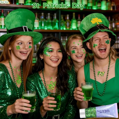 Go Ho Green Face Body Glitter,St Patricks Day Shamrock Hair Glitter Makeup,Self Adhesive Holographic Chunky Sequins Glitters,Irish Festival Four Leaf Clover Green Accessories