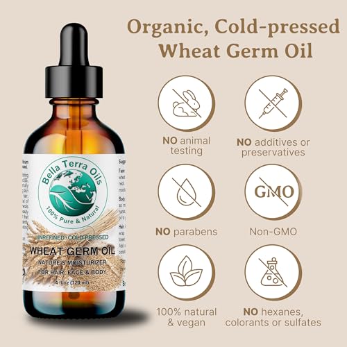 Bella Terra Oils - Organic Wheat Germ Oil 8 oz - Premier Vitamin E Oil for Face, Unveiling Beauty with Vitamin C, Natural Source of Vitamin E for Skin Care