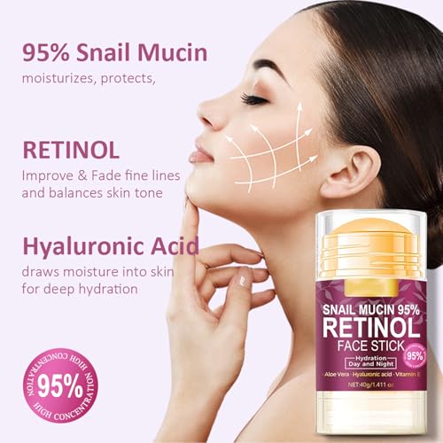 Hydrating Face Balm Stick with 95% Snail Mucin, Retinol and Hyaluronic Acid Multi Balm Stick Moisturizer for Day and Night Deep Hydration, Moisturizer Stick for Face Anti Wrinkle Skin Repair,1.41Oz
