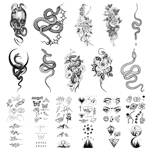 22 Sheets Realistic Temporary Tattoo, 10 sheets Sexy Snake Fake Tattoos Stickers, Floral Peony Rose Tribal Viper Snake Temporary Tatoos For Women Men Adults Body Art Forearm Arm Leg