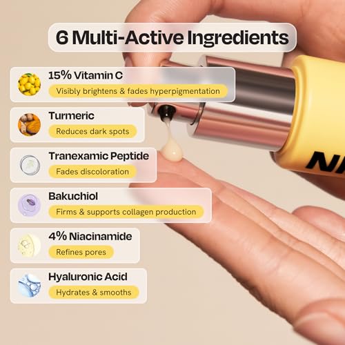 Gleamin Superactive Vitamin C Serum for Face - 15% Vitamin C with Niacinamide, Bakuchiol & Hyaluronic Acid - Brightening Facial Treatment for Uneven Tone, Dark Spots & Radiant Glow - 1 fl oz