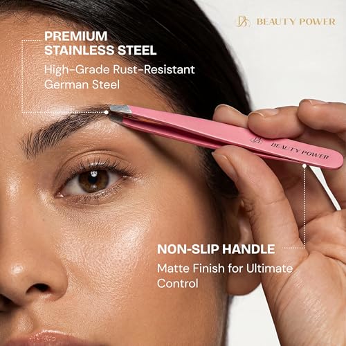 Professional Tweezers in Case - Slant, Durable Lightweight German Stainless Steel, Ultra Precision Tweezers for Eyebrows, Facial Hair, Chin, and Ingrown Hair Removal - Gift Idea - Pink