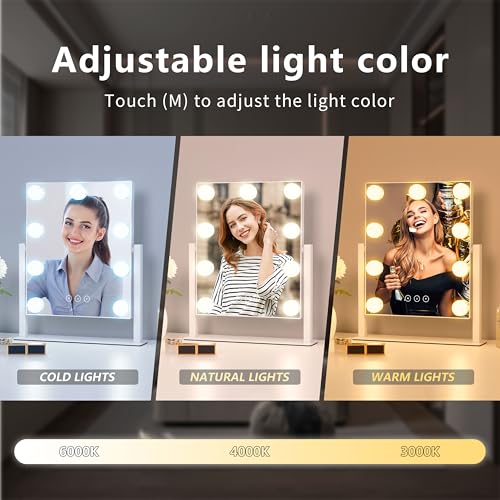 Vanity Mirror with Lights, Hollywood Vanity Makeup Mirror with 9 Dimmable LED Bulbs, 3 Color Lighting Modes, Detachable 10X Magnification, 360¡ÆRotation,White