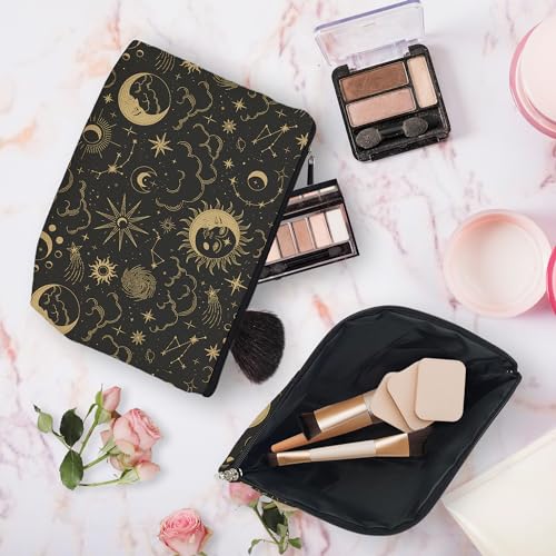 huester Black Golden Sun and Moon Star Witchy Makeup Bag, Moon Make Up Bag, Tarot Cosmetics Bag, Cosmetic Bags Travel Makeup Pouch Astrology Witchy Gifts for Purse Women Girls Sister Mom