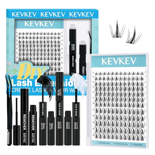 KevKev Lash Clusters Kit 144Pcs Ultra Soft Eyelash Extension Kit with Lash Bond and Seal Lash Glue Lash Remover for Cluster Eyelash Extensions (Volcano, D-8-16mix)