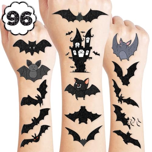 96 PCS Bat Halloween Pre-Cut Temporary Tattoos Birthday Party Decorations Supplies Favors Scary Halloween Bats Cute Decor Tattoo Stickers Gifts For Game Boys Girls Classroom School Prizes Reward