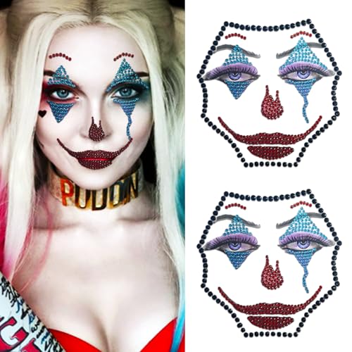 2 Pcs Face Gems Jewels Tattoos Halloween Party Festival Rave Day of the Dead Temporary Rhinestone Crystal Stones Women Body Gems Makeup Stickers (Blue)