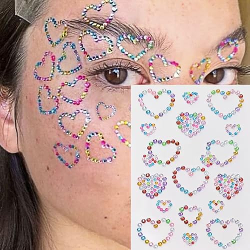 6Sheets Face Gems Stickers Self-Adhesive Hair Jewels Stickers Butterfly Heart Diamonds Mixed Colors Sparkly Rhinestone for Women Eye Face Makeup