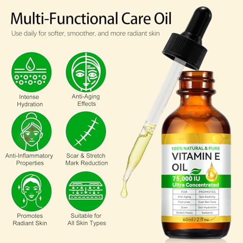 Vitamin E Oil for Skin - 75,000 IU | Vitamin E Oil for Scars, Stretch Marks, Wrinkles, 100% Natural d-Alpha Tocopherol for Face & Hair, Moisturizing Anti-Aging (120 ML)