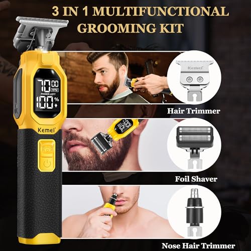KEMEI 1878 Beard Trimmer for Men, 3 in 1 Hair Clippers, Shavers for Men, Cordless Nose Hair Trimmer with Removable Head, LED Display