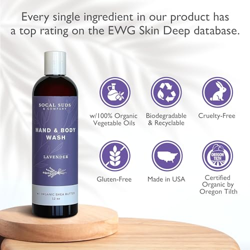 SoCal Suds & Company Organic Shea Butter Body Wash ? Lavender Liquid Castile Soap for Hand & Body, Moisturizing Plant-Based Organic Soap for Women, Men & Sensitive Skin (12oz)