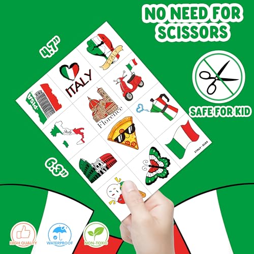 96 PCS Italy Italian Italia Flag Pre-Cut Temporary Tattoos for Kids | Super Cute Italy Themed Birthday Party Favors, Supplies, Decorations, Fake Tattoo Stickers, School Rewards Gifts For Boys & Girls