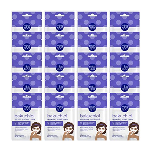 MISS SPA Bakuchiol Repairing Sheet Mask Plant-Based Retinol Face Mask for Fine Lines & Wrinkles Anti-Aging, Hydrating & Brightening Sheet Mask for All Skin Types, Cruelty-Free, 20 Pack