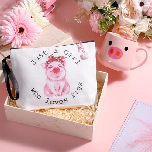 3 Pcs Cow Pig Lovers Gifts for Women Funny Travel Makeup Bag Portable Cosmetic Bag Cute Coffee Mug 11.8 oz Stainless-Steel Keychain for Women Animal Lovers Gifts(Pig Style)