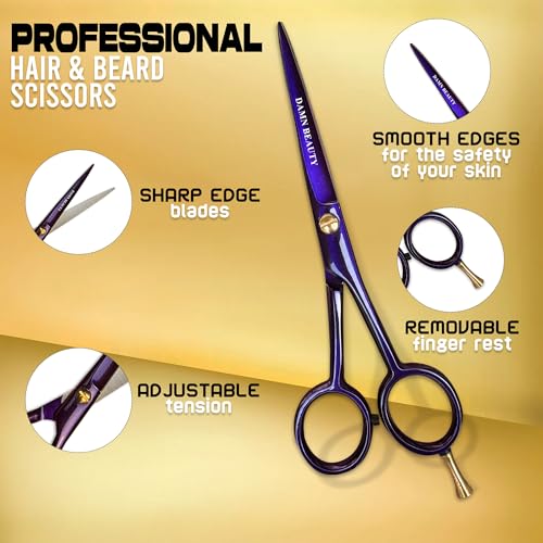 5.5" Professional Hair and Beard Scissor For Men & Women German Shears Use for Facial Hair, Trimming, Grooming, Cutting, and Styling of Beard (Purple)