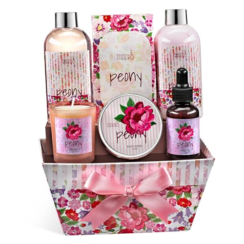 Bath and Body Gift Set for Women with Shower Gel, Body Lotion, Body Scrub, Body Oil, Bath Salt, and Scented Candle ? Perfect Spa Gift (Peony Floral) ? Mother's Day Gift for Mom