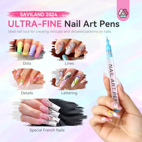 Saviland Nail Art Supplies Kit: 12 Colors 0.5mm Nail Polish Pens for Nail Art & PU Leather Nail Polish Organizer Bag Holds 30 Bottles, Nail Lamp & Manicure Tools