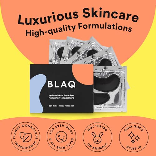 BLAQ Award Winning Eye Patches for under eye Dark Circles, Wrinkles and Puffiness. Hydrating and Cooling with detoxifying Charcoal, Dermatologically Tested, Vegan, Hyaluronic Acid, 5-Pairs