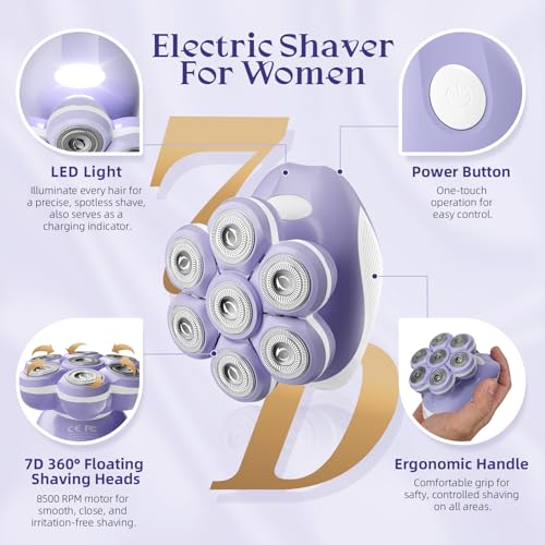 7D Electric Razors for Women: Fast & Smooth Full-Area Electric Shaver for Women Flawless Legs - Waterproof Body Hair Remover for Wet Dry Use, LED Light & Travel Cover - Gifts for Ladies Her