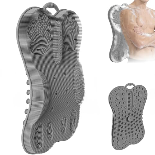 Shower Scrubber for Back & Body Wall Mounted Men Women, XL Large Scrubber Mat Exfoliating Bristles & Massage Brush - Long Wide Cover Bathtub Luxury Bath Cushion Back Support Pad Big Suction Cups Grey