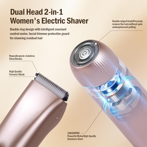 Dual Head 2-in-1 Women's Electric Shaver, Wet & Dry, IPX7 Full Body Waterproof, Bikini Trimmer and Facial Epilator in One Design, Full Body, Pink