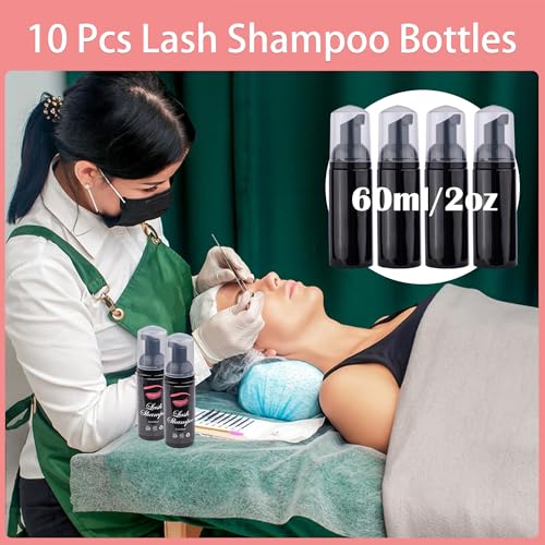 60pcs Lash Extension Cleaning Kit for Clients,10pcs Lash Brushes,10pcs Eyelash Cleaning Brush with Tubes,10pcs Lash Bottles,10pcs Eyelash Bags,10pcs Lash Shampoo Stickers,10pcs instruction card(Black)
