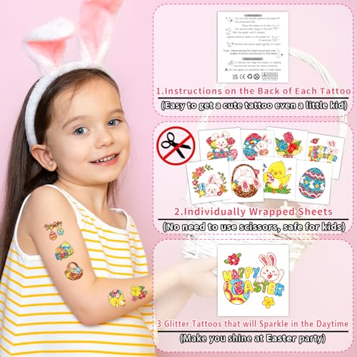 Partywind Glitter Easter Basket Essentials Temporary Tattoos for Kids, 408 Styles Easter Tattoo Stickers for Boys Girls, Easter Basket Fillers for Kids Spring Party Supplies Favors Goodie Bag Stuffers