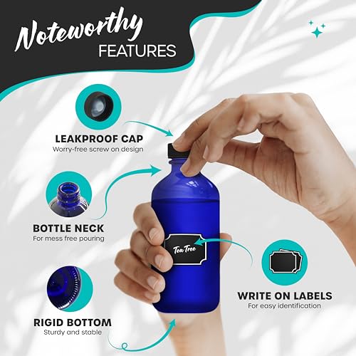 Nevlers 8 Oz Glass Bottles with Lids 18 Pack | Leakproof 8oz Bottles with Lids, Funnel, Brush, Marker & Labels | Cobalt Blue Bottle Set For Use as Glass Juice Jars, Vanilla Extract Making Kit & More
