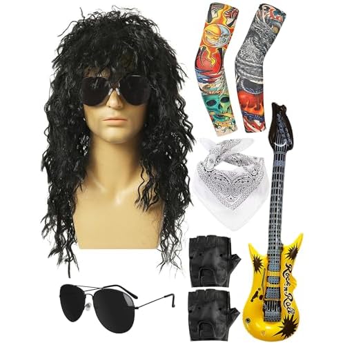 80s Costumes for Men Black Rocker Wig with Bandana Sunglasses Punk Gloves Sleeves for 70s Hippie Party Accessories