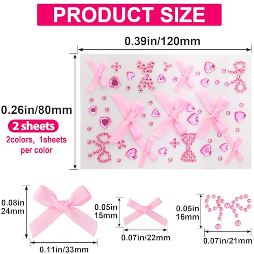 2 Sheets Bow Heart Face Gems Stickers, Bling Self-Adhesive Face Jewels for Women, Mini Rhinestones Makeup Stickers for Wedding Dating Festivals Paties- Pink