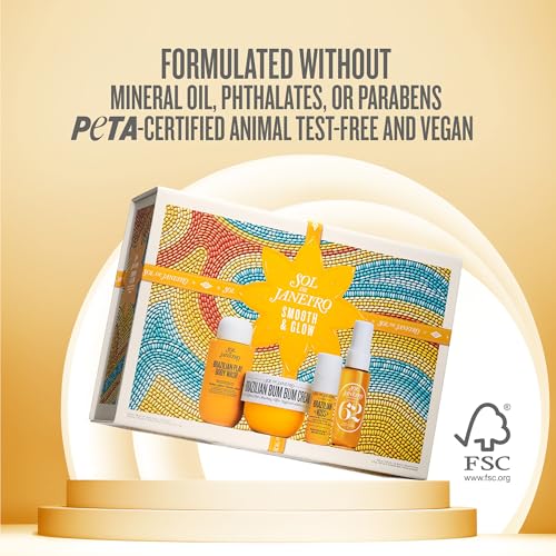 Sol de Janeiro Gift Set - Smooth & Glow Body Routine | Travel Size Bum Bum Minis including Bum Bum Cream, Brazilian Play Body Wash, Cheirosa 62 Mist, and Brazilian Kiss Lip Balm