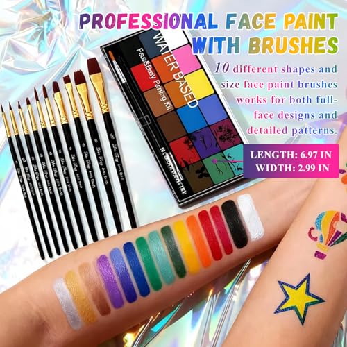 Face Painting Kit Non-toxic Body Paint Washable 18 Colors Facepaint Makeup Kit for Adults with 10 Face Paint Brushes for Halloween Party Cosplay Makeup (Color 001)