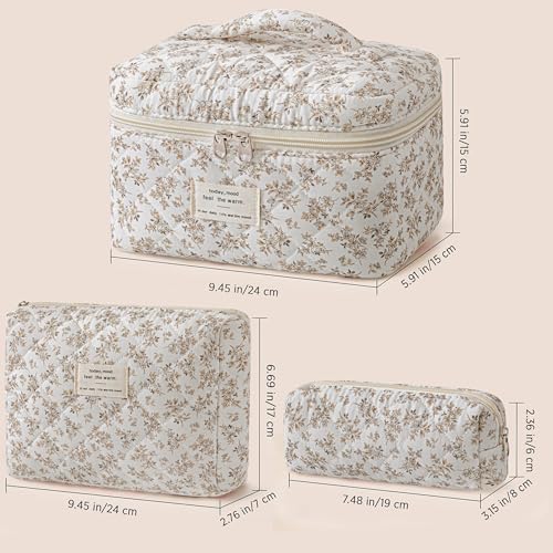 HBselect Quilted Makeup Bag, 3PCS Cotton Large Travel Makeup Bag, Cute Floral Coquette Make up Bag Cosmetic Bag Toiletry Bag for Women Girls