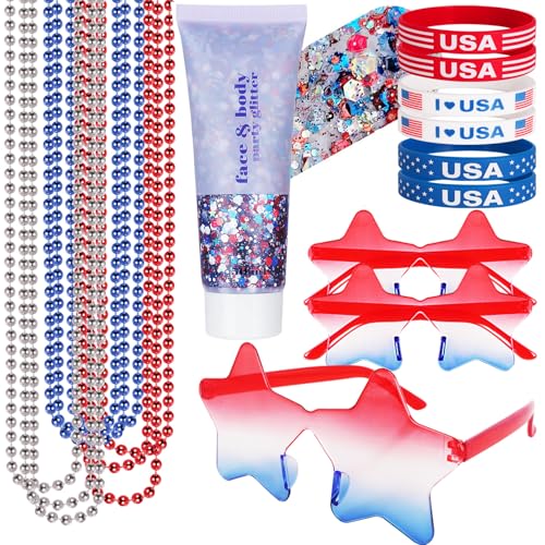 Go Ho 4th of July Outfits for Women,Red White and Blue Face Body Glitter Gel,9 PC Necklaces,3 Pairs Star Sunglasses and 6 PC Rubber Bracelets Wristbands Set for USA Patriotic Outfits Makeup
