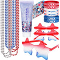 Go Ho 4th of July Outfits for Women,Red White and Blue Face Body Glitter Gel,9 PC Necklaces,3 Pairs Star Sunglasses and 6 PC Rubber Bracelets Wristbands Set for USA Patriotic Outfits Makeup