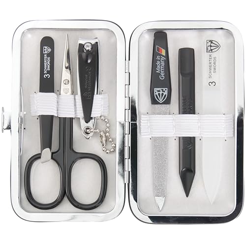 3 Swords Germany - Brand Quality 6 Piece Manicure Pedicure Grooming kit Set - Scissors, Metal and Glass Nail File, Clipper, Tweezers with Synthetic Leather case - White/Black Tools