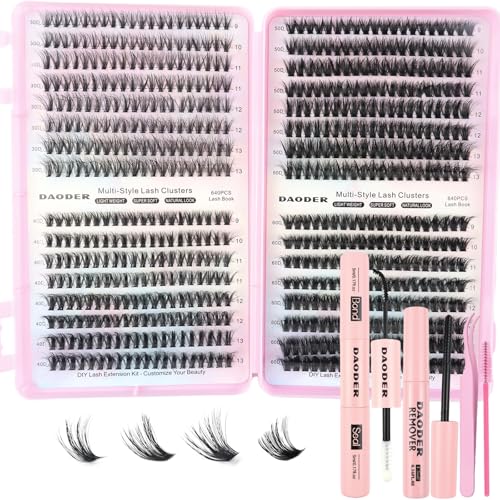 DAODER Wispy Lash Extension Kit 640Pcs Cluster Lashes Natural Look, Short Lash Clusters Kit 9-13mm 30D 40D 50D 60D D Curl Individual Lashes Kit with Lash Bond Seal Remover(30D+40D+50D+60D Kit 9-13mm)