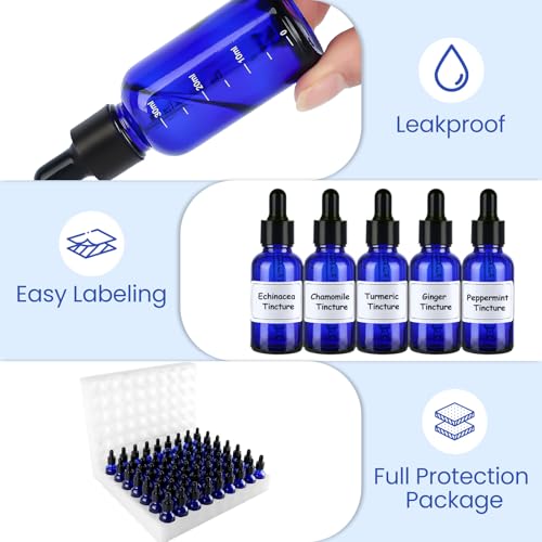 63 Pcs 1oz Blue Glass Dropper Bottles with Measurement, 30ml Leakproof Tincture Bottles with Funnels, Eye Droppers, Extra Caps & Labels, Refillable Empty Bottles for Tinctures, Essential Oils
