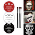 White Black Red Oil Face Body Paint Set,Halloween Joker Clown Makeup Kit with 3 Brushes, Professional Black White Red Face Body Painting Kit for Halloween Sfx Makeup, Theater, Cosplay, Costume