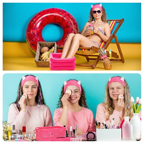 85 Pcs Spa Kit Nail Art Kit Sleepover Party Supplies with 12.5 x 12.5 in Inflatable Foot Tubs Foot Bath Towel and Basket DIY Manicure Pedicure Set for Slumber Party(Rose Red)