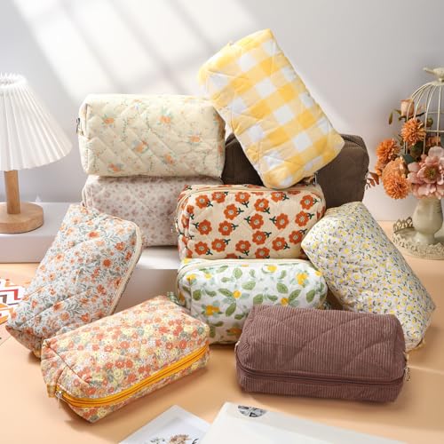 Paterr 10 Pcs Quilted Makeup Bag Bulk Cotton Floral Cosmetic Bag Women Girls Bridesmaid Gifts Cute Makeup Pouch Coquette Aesthetic Travel Toiletry Organizer(Yellow Floral,7.87 x 4.72 x 3.15 Inches)